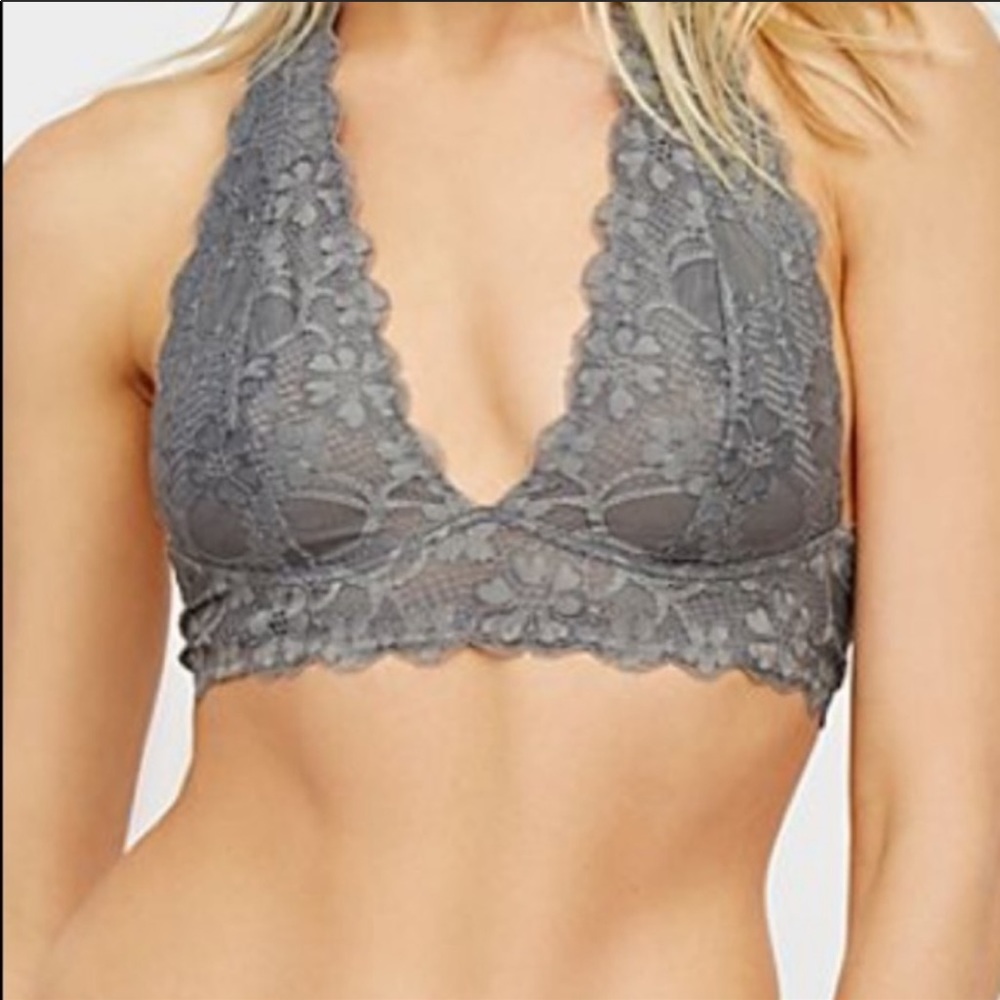🔥FREE PEOPLE🔥Galloon Lace Halter Bralette Sexy Bra Top Gray XS NWT - Picture 3 of 4